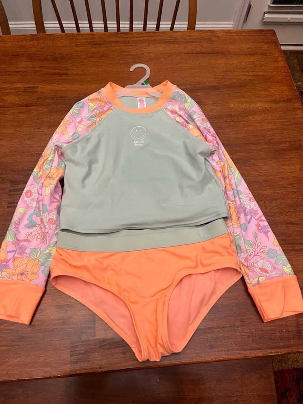 Justice Coral-Trim Two-Piece Swim Set with Floral Sleeves